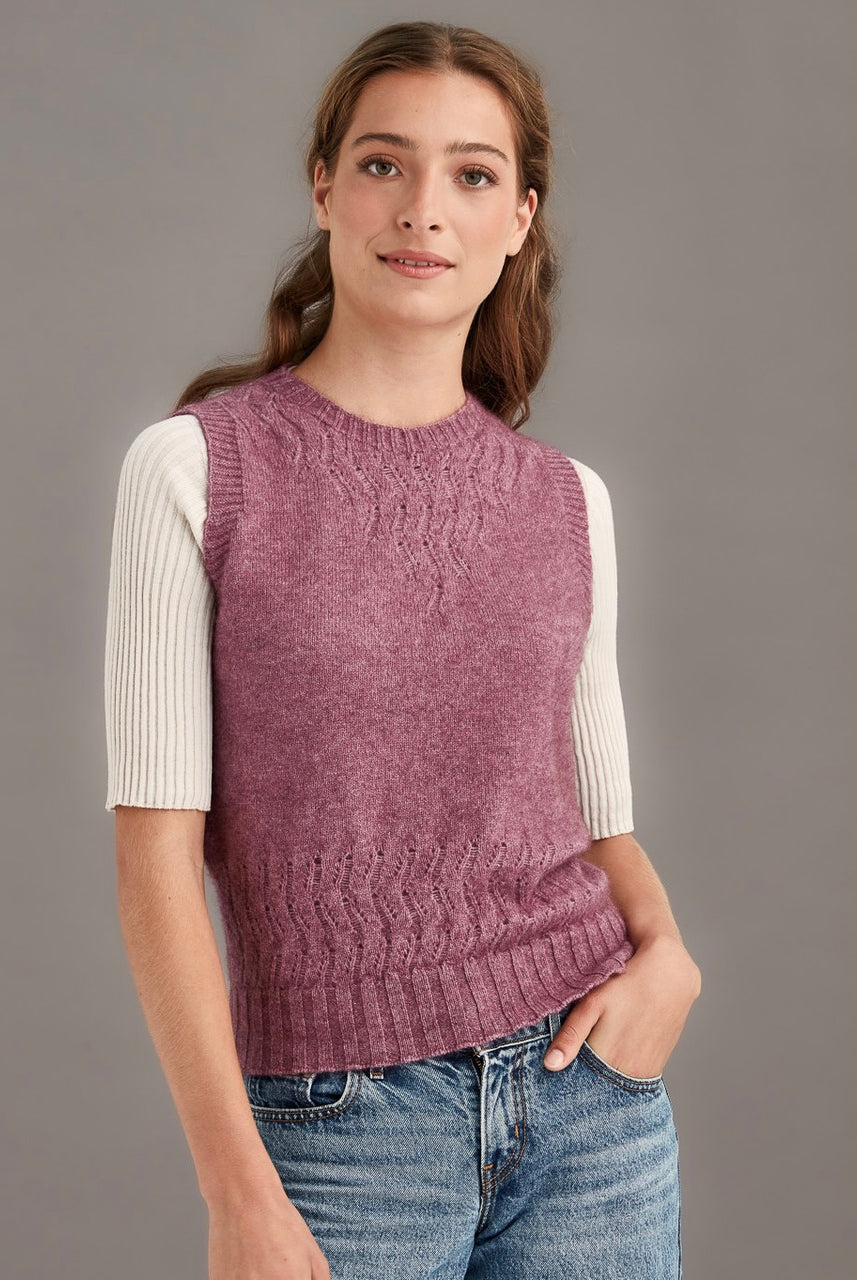 Woman wearing McDonald - Merino & Possum Herringbone Lace Vest (5059) in the colour Heather.