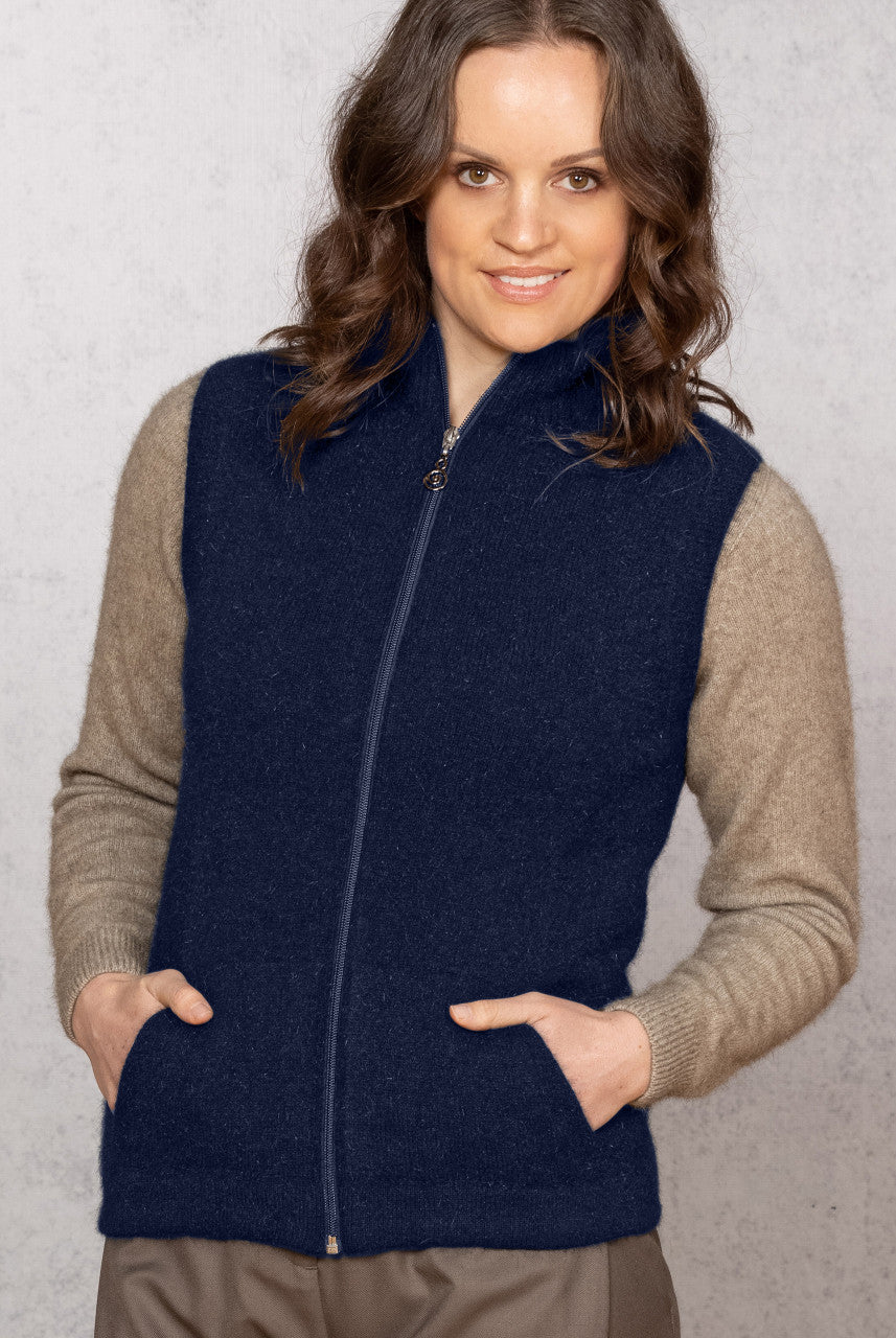 Woman wearing Noble Wilde - Merino & Possum Gilet Zip Vest (NW3101) in the colour Maritime.