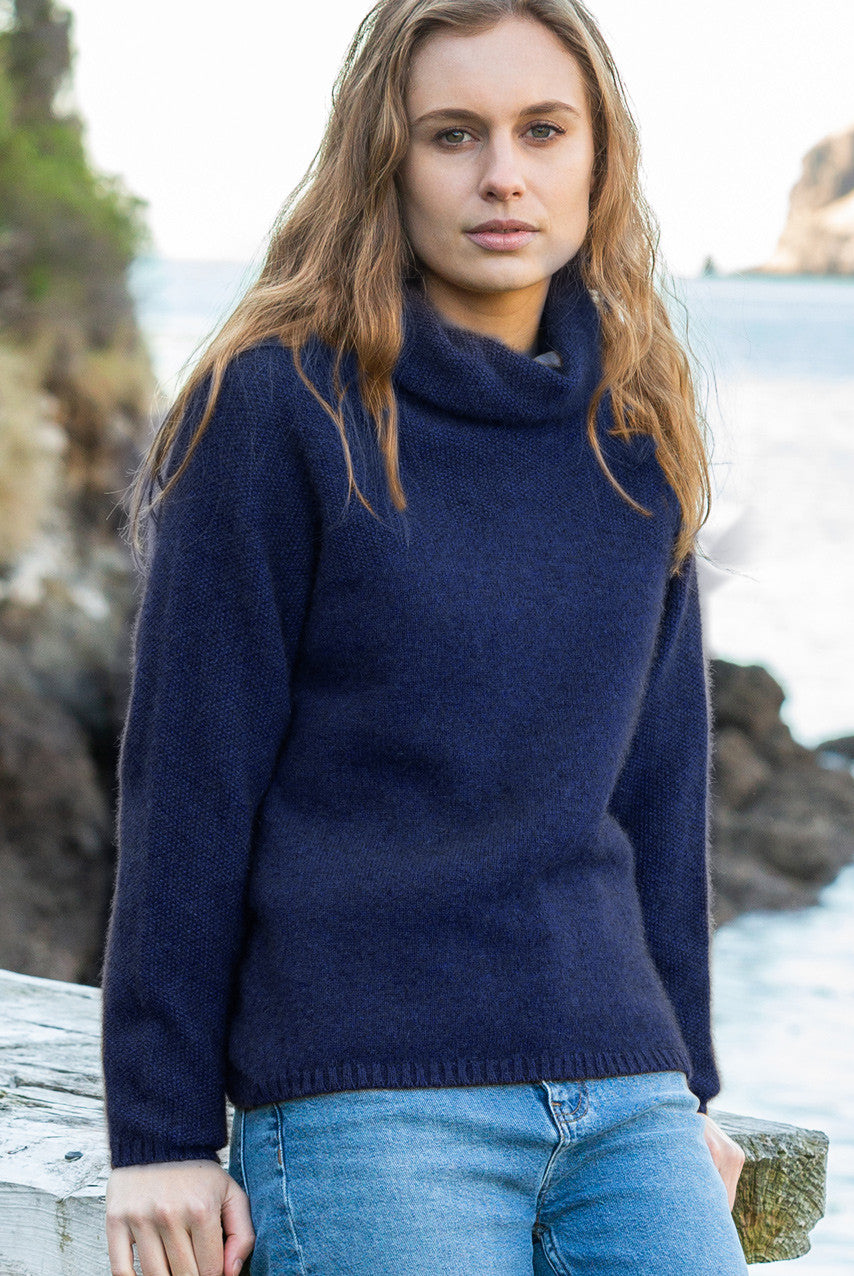 Woman wearing Noble Wilde - Merino & Possum Moss Switch Cowl Jumper (NW3126) in the colour Maritime.