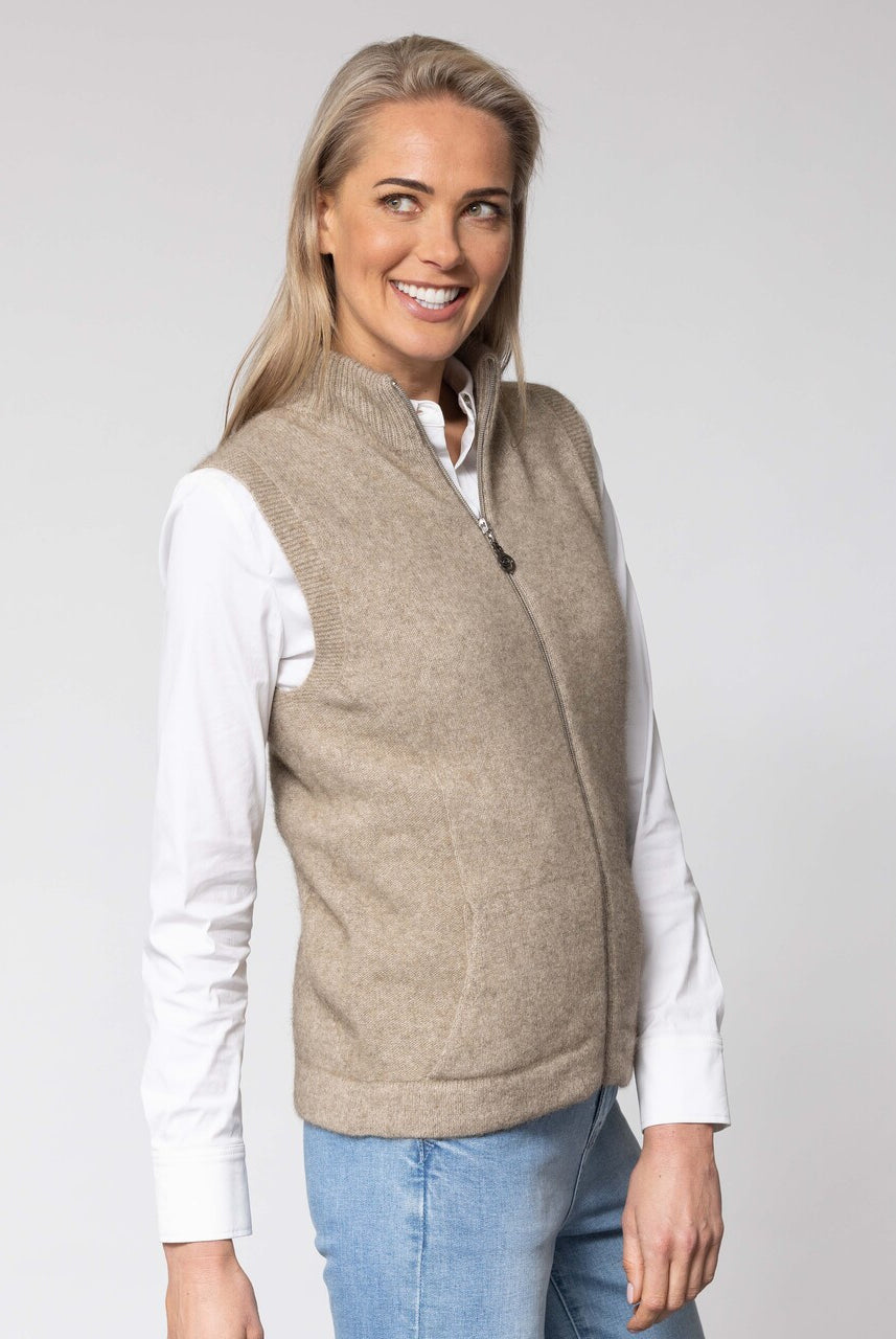 Woman wearing Noble Wilde - Merino & Possum Gilet Zip Vest (NW3101) in the colour Oyster.