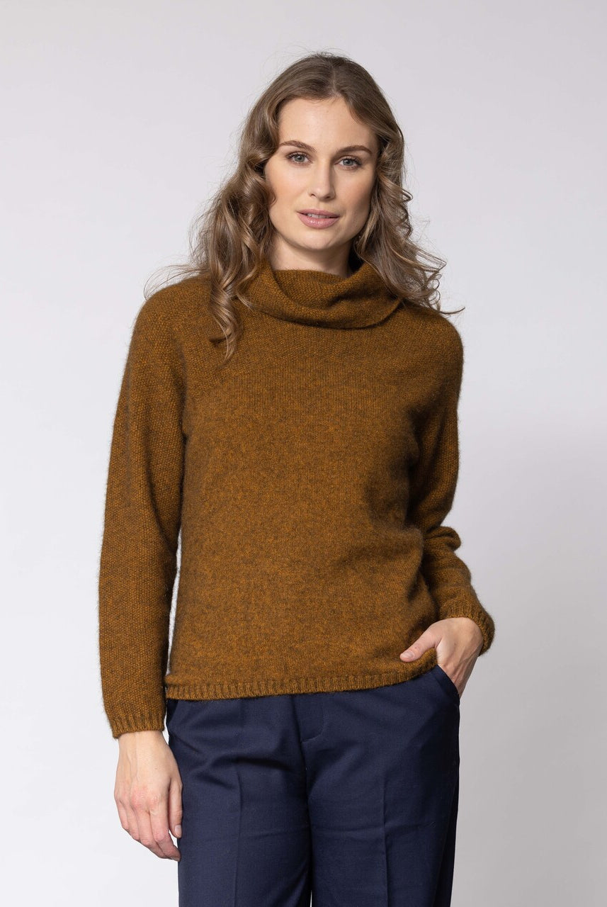 Woman wearing Noble Wilde - Merino & Possum Moss Switch Cowl Jumper (NW3126) in the colour Tahiti.
