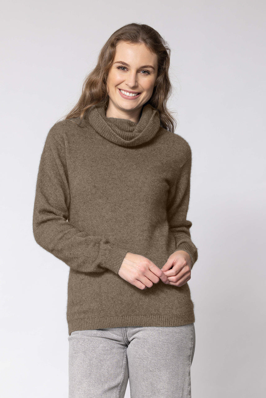 Woman wearing Noble Wilde - Merino & Possum Polo Neck Jersey (NW3172) in the colour Latte