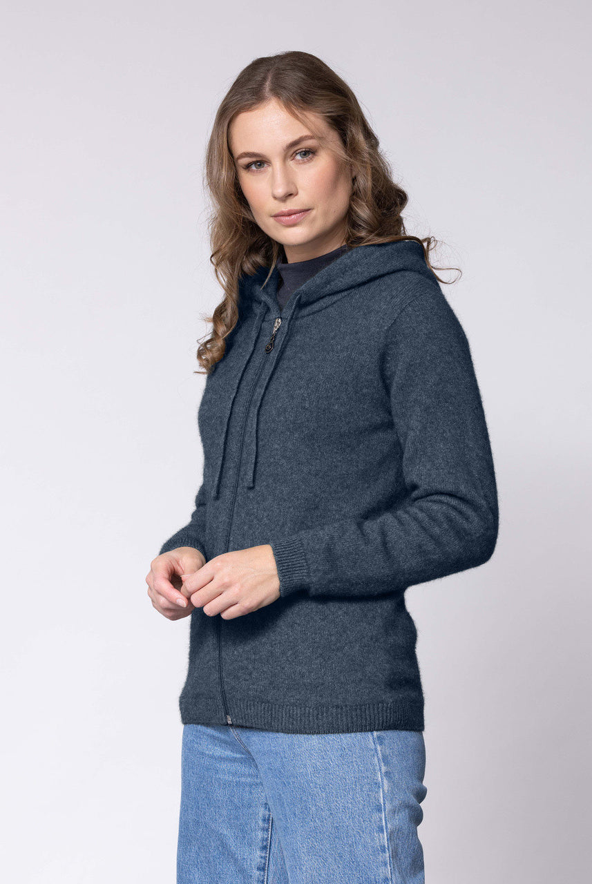 Woman wearing Noble Wilde - Merino and Possum Oulu Hoodie (NW3231) in the colour Neptune.