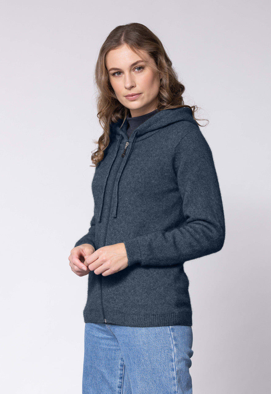 Woman wearing Noble Wilde - Merino and Possum Oulu Hoodie (NW3231) in the colour Neptune.