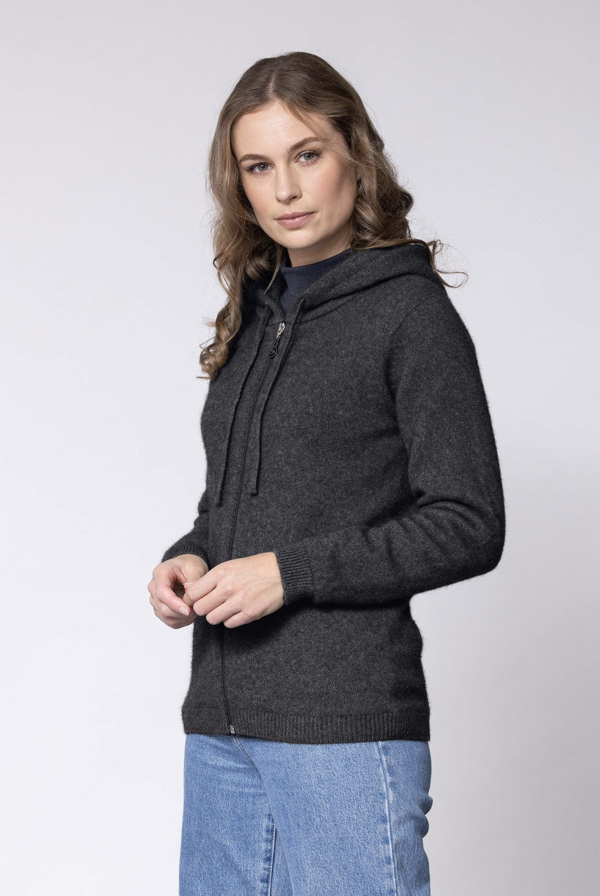 Woman wearing Noble Wilde - Merino and Possum Oulu Hoodie (NW3231) in the colour Charcoal.