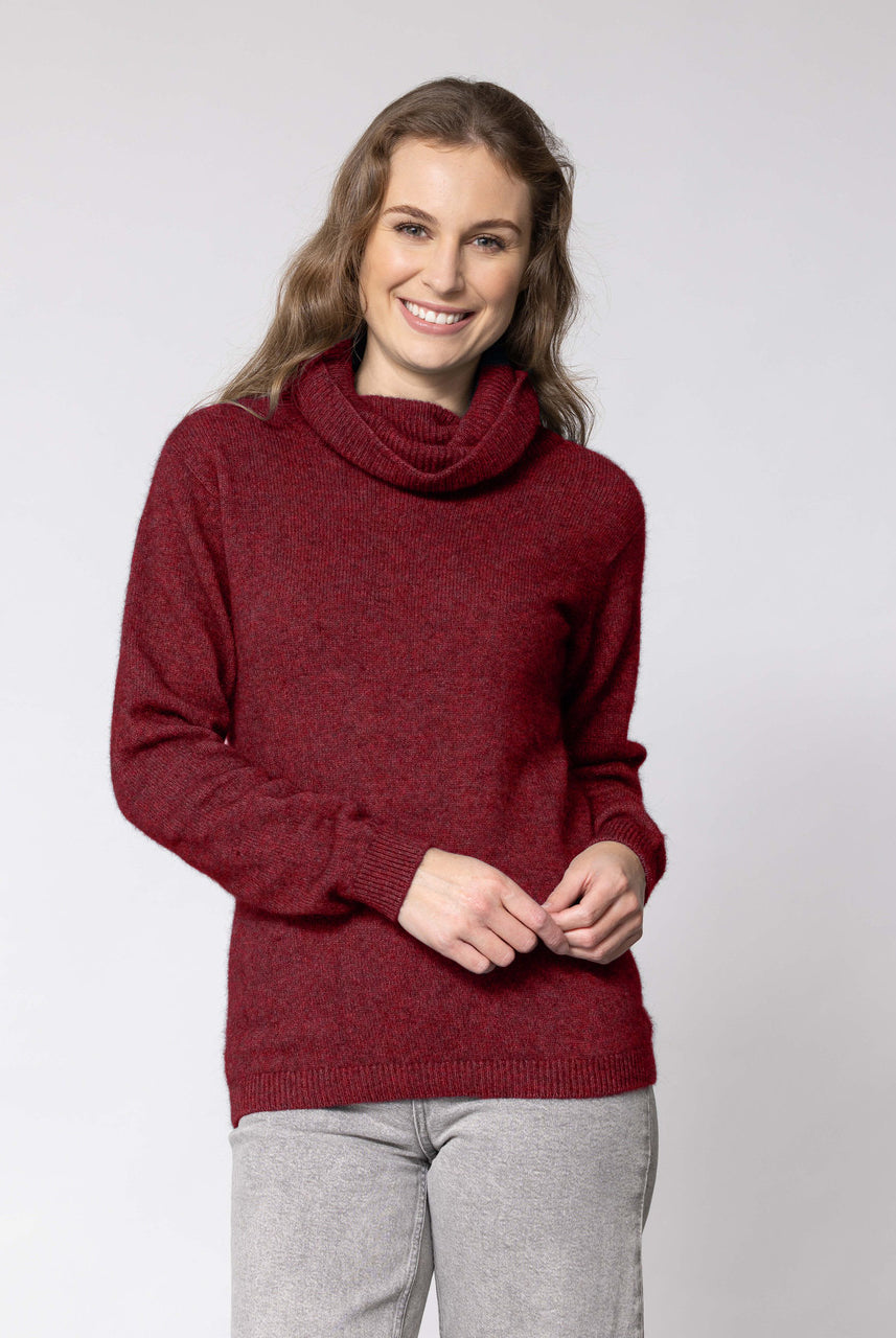 Woman wearing Noble Wilde - Merino & Possum Polo Neck Jersey (NW3172) in the colour Sangria