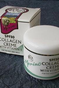 Merino Lanolin and Collagen SPF30 Crème with branding on a blanket next to packaging box.