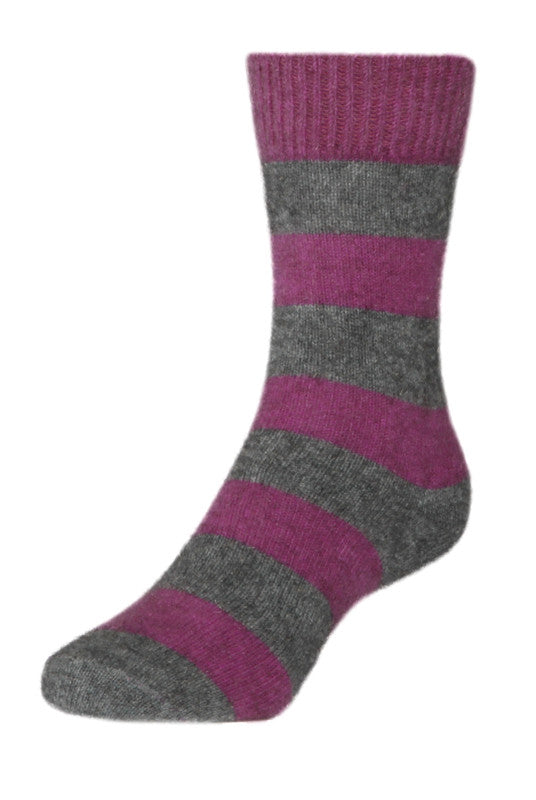 Striped Possum socks. Colour Fuschia/Riverstone. White background.