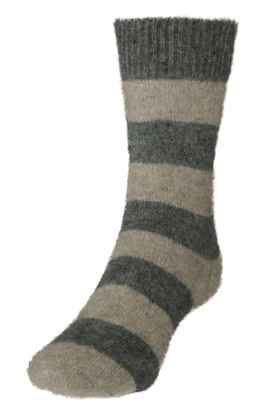 Striped Possum socks. Colour Riverstone/Natural. White background.