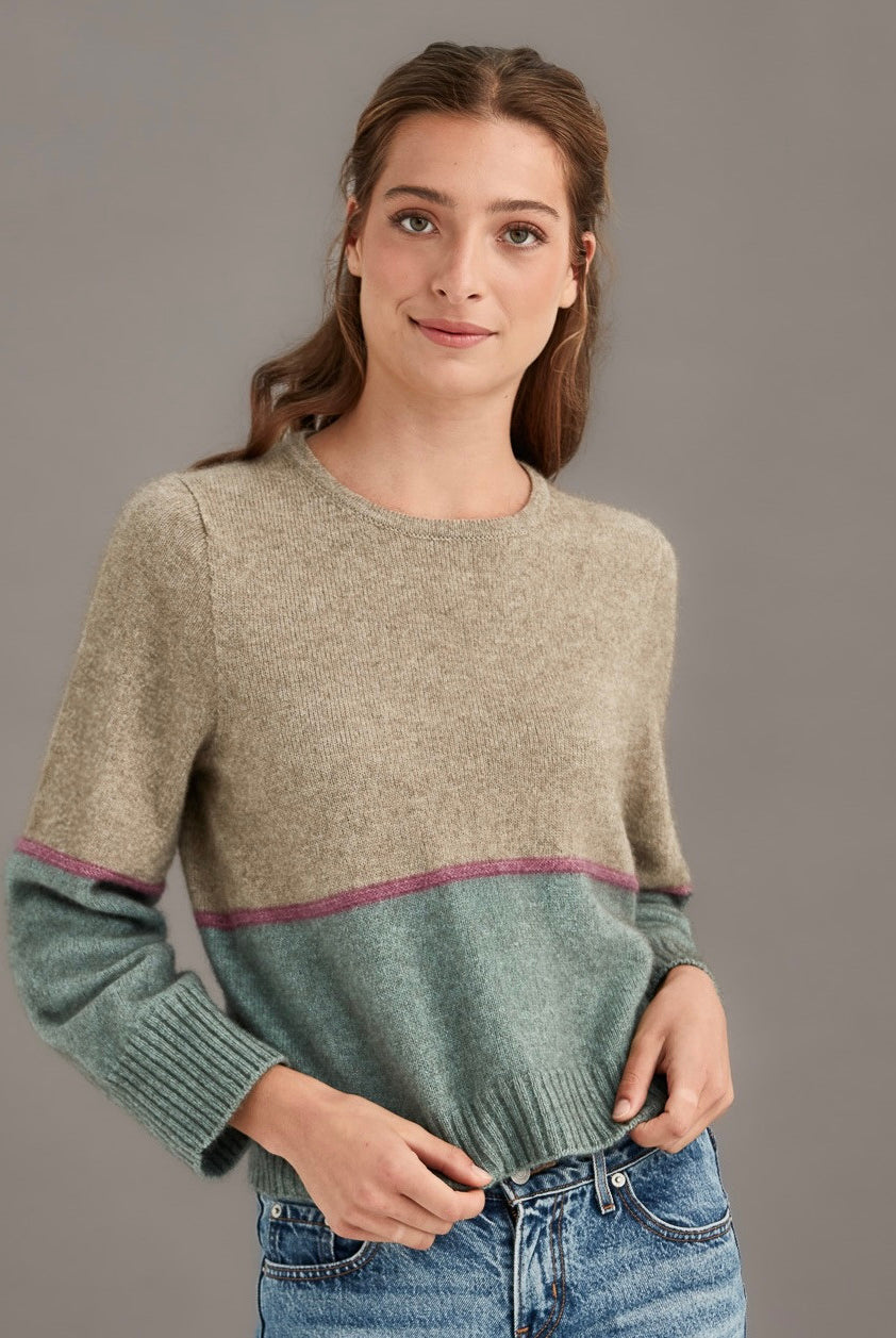 Woman wearing McDonald - Merino & Possum Horizon Jumper (5061-SS2026) in the colour Hydrangea.