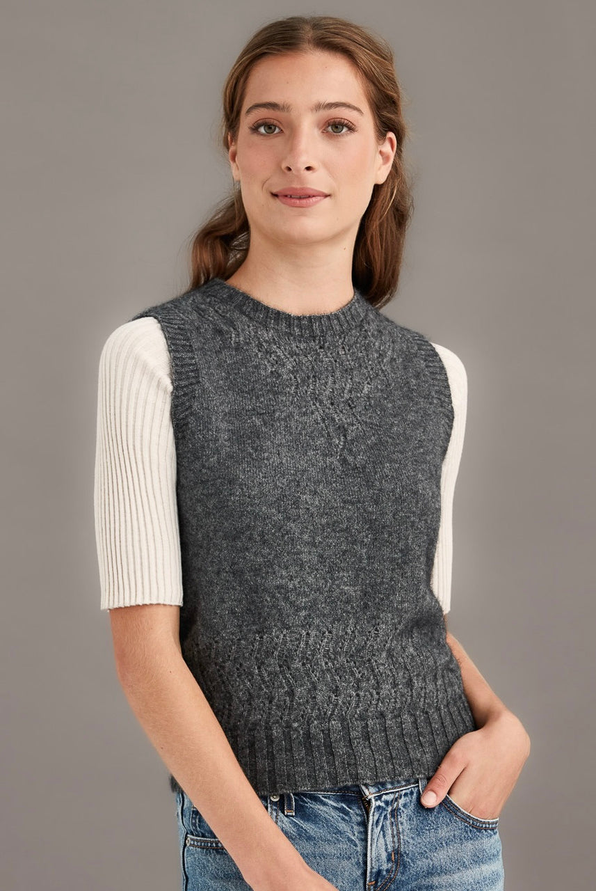 Woman wearing McDonald - Merino & Possum Herringbone Lace Vest (5059) in the colour Pewter.