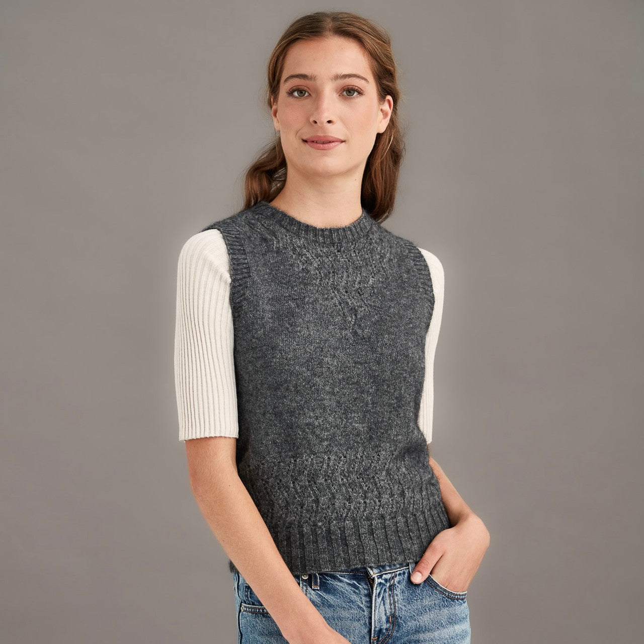 Woman wearing McDonald - Merino & Possum Herringbone Lace Vest (5059) in the colour Pewter.