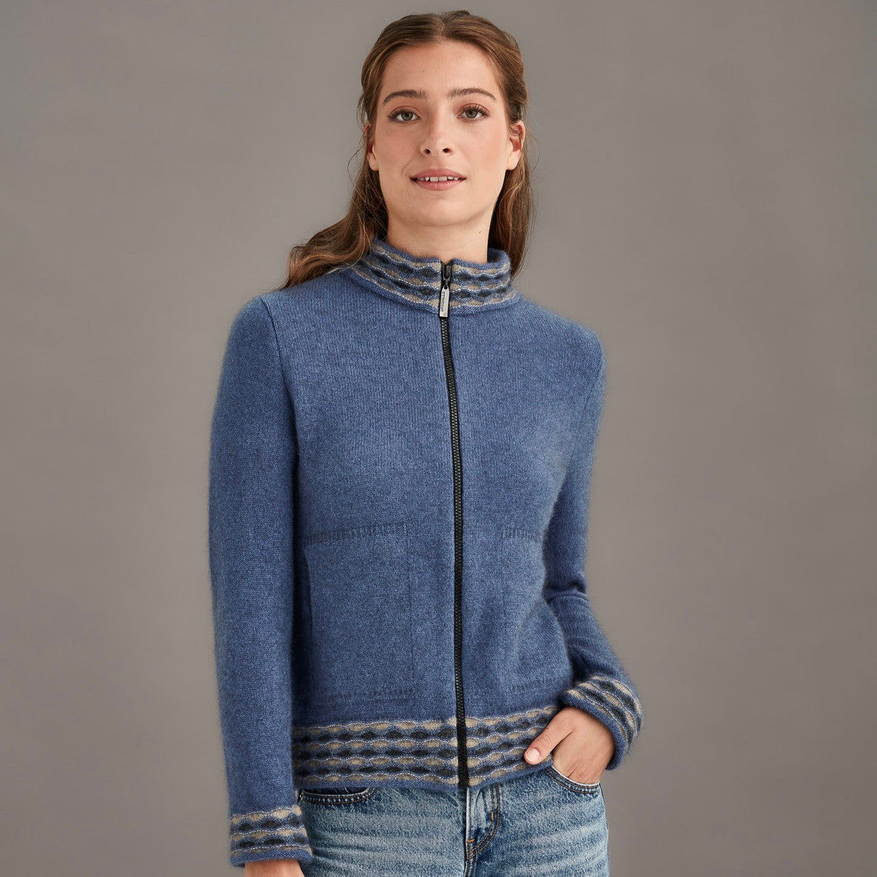 McDonald - Possum & Merino Wave trim Zip in colour Orchid