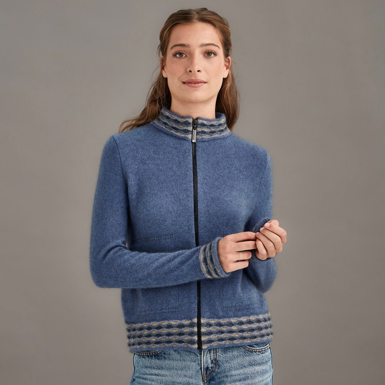 McDonald - Possum & Merino Wave trim Zip in colour Orchid