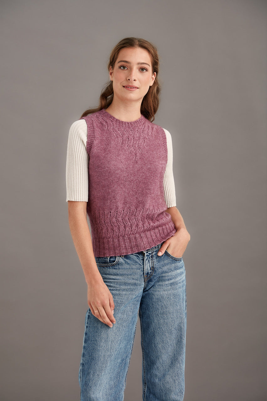 Woman wearing McDonald - Merino & Possum Herringbone Lace Vest (5059) in the colour Heather.