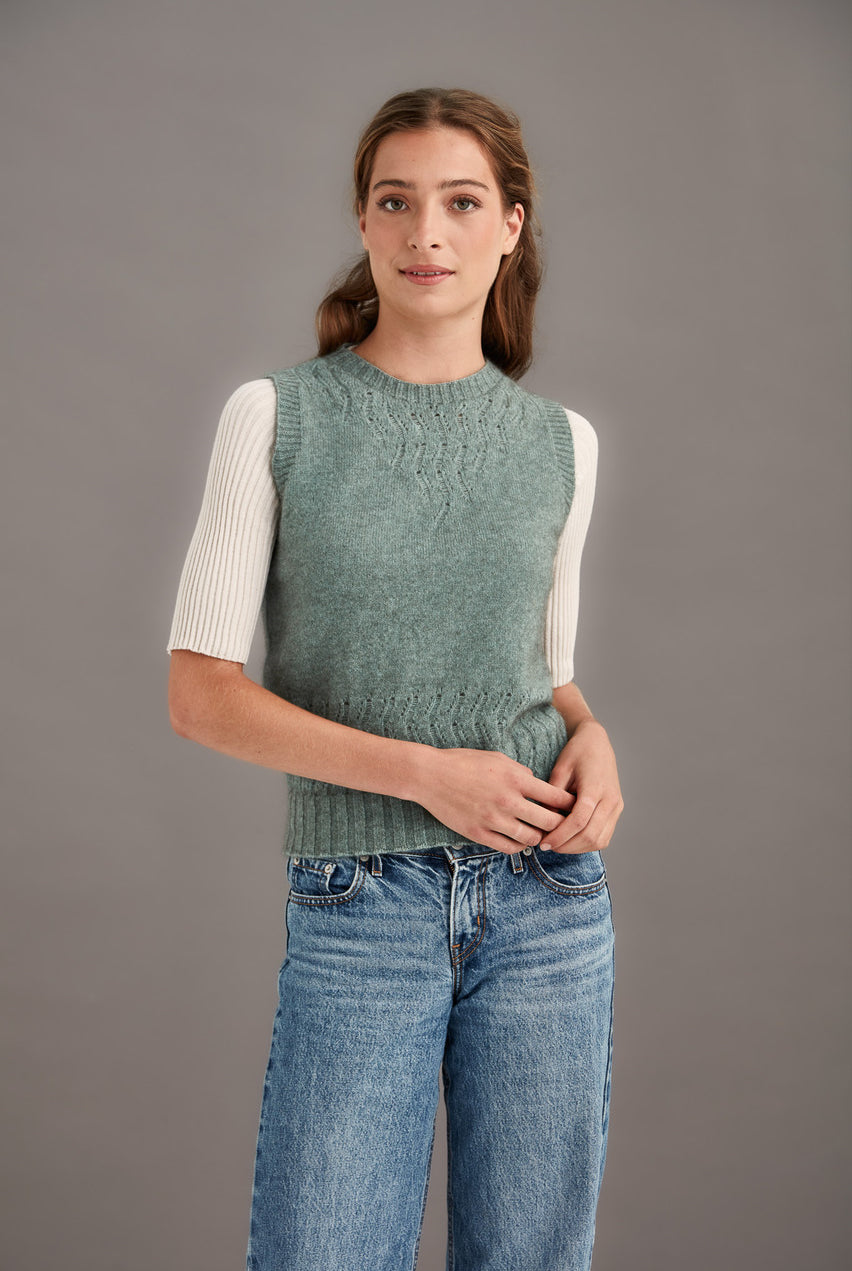 Woman wearing McDonald - Merino & Possum Herringbone Lace Vest (5059) in the colour Mint.