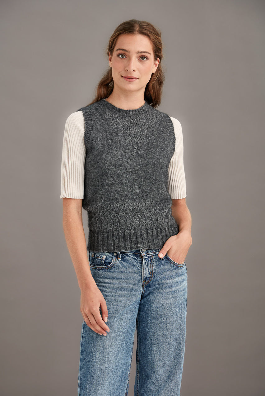 Woman wearing McDonald - Merino & Possum Herringbone Lace Vest (5059) in the colour Pewter.