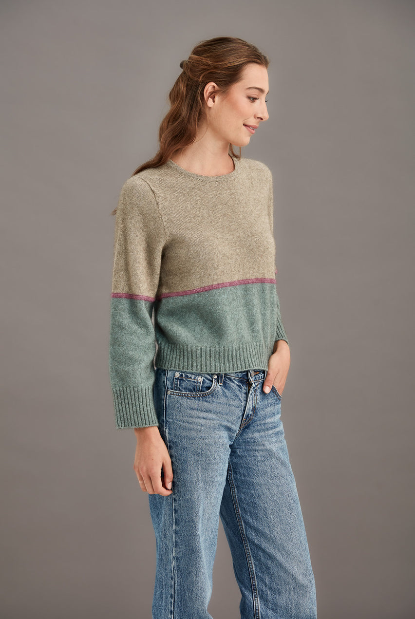 Woman wearing McDonald - Merino & Possum Horizon Jumper (5061-SS2026) in the colour Hydrangea.