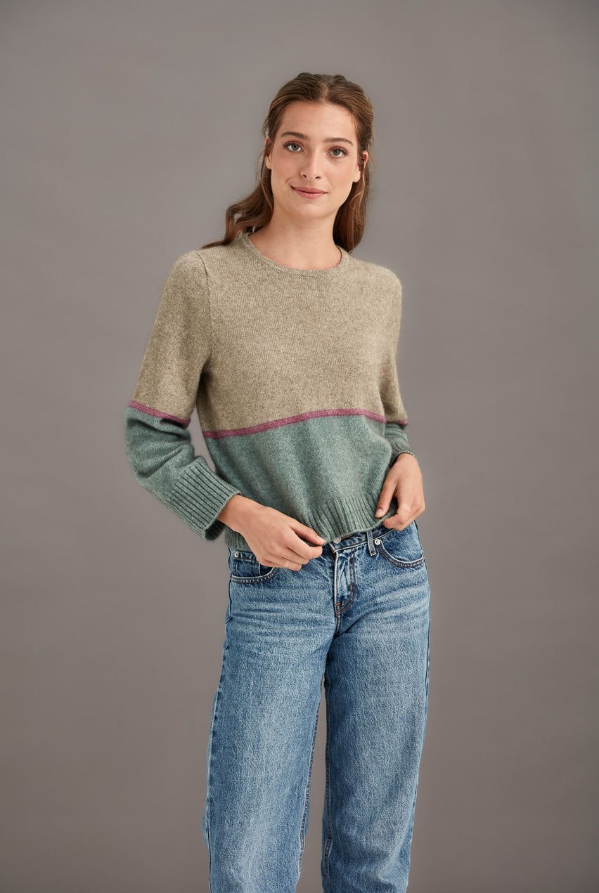 Woman wearing McDonald - Merino & Possum Horizon Jumper (5061-SS2026) in the colour Hydrangea.