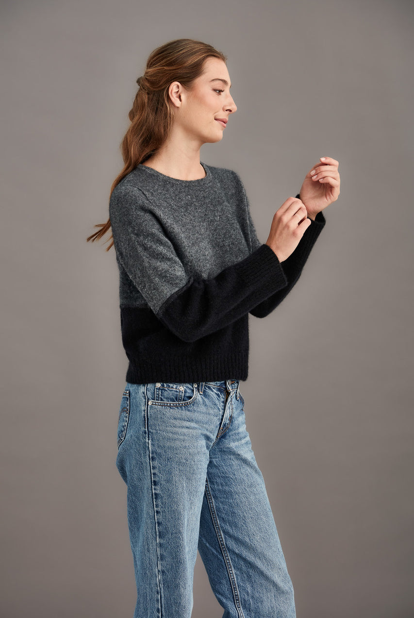 Woman wearing McDonald - Merino & Possum Horizon Jumper (5061-SS2026) in the colour Monochrome.
