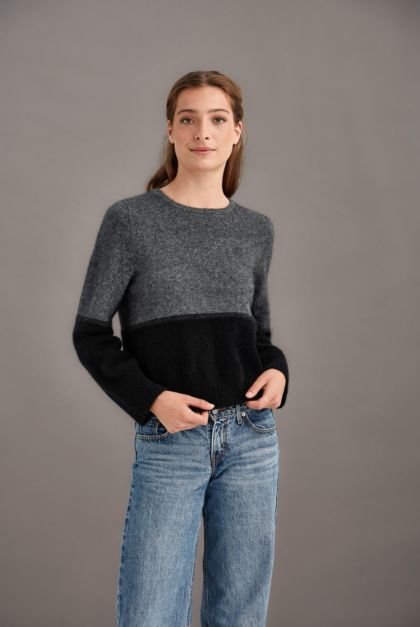 Woman wearing McDonald - Merino & Possum Horizon Jumper (5061-SS2026) in the colour Monochrome.