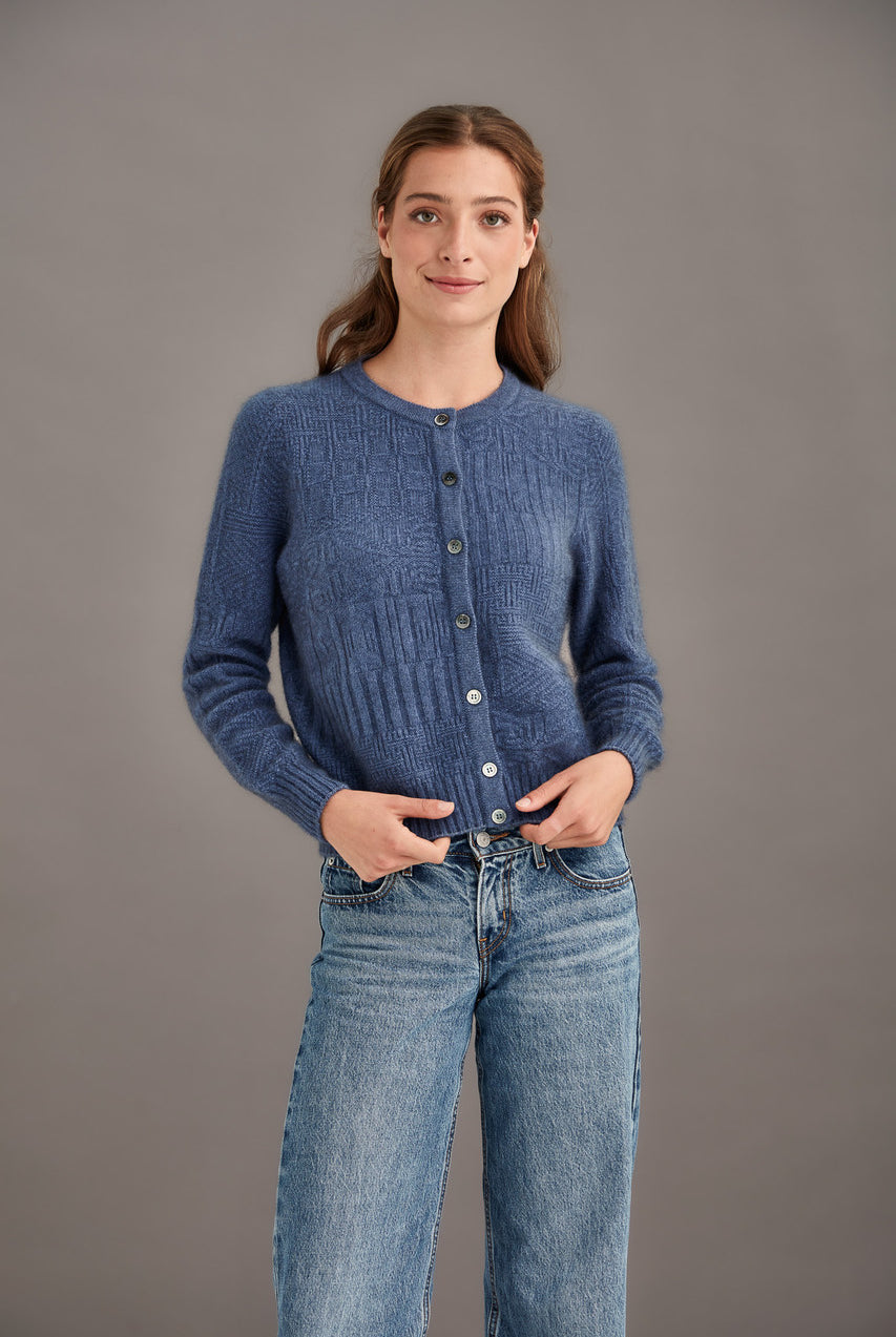 Woman wearing McDonald - Merino & Possum Patchwork Cardigan (5062) in the colour Orchid.