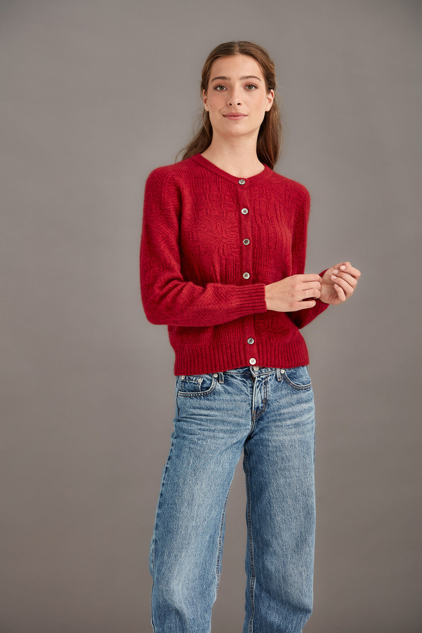 Woman wearing McDonald - Merino & Possum Patchwork Cardigan (5062) in the colour Red.