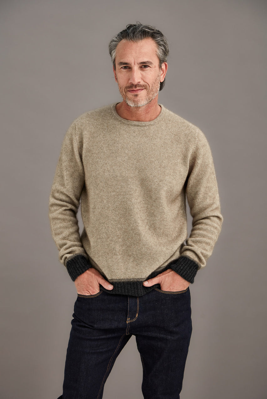Man wearing McDonald - Merino & Possum Horizon Sweater (6640) in the colour Ash