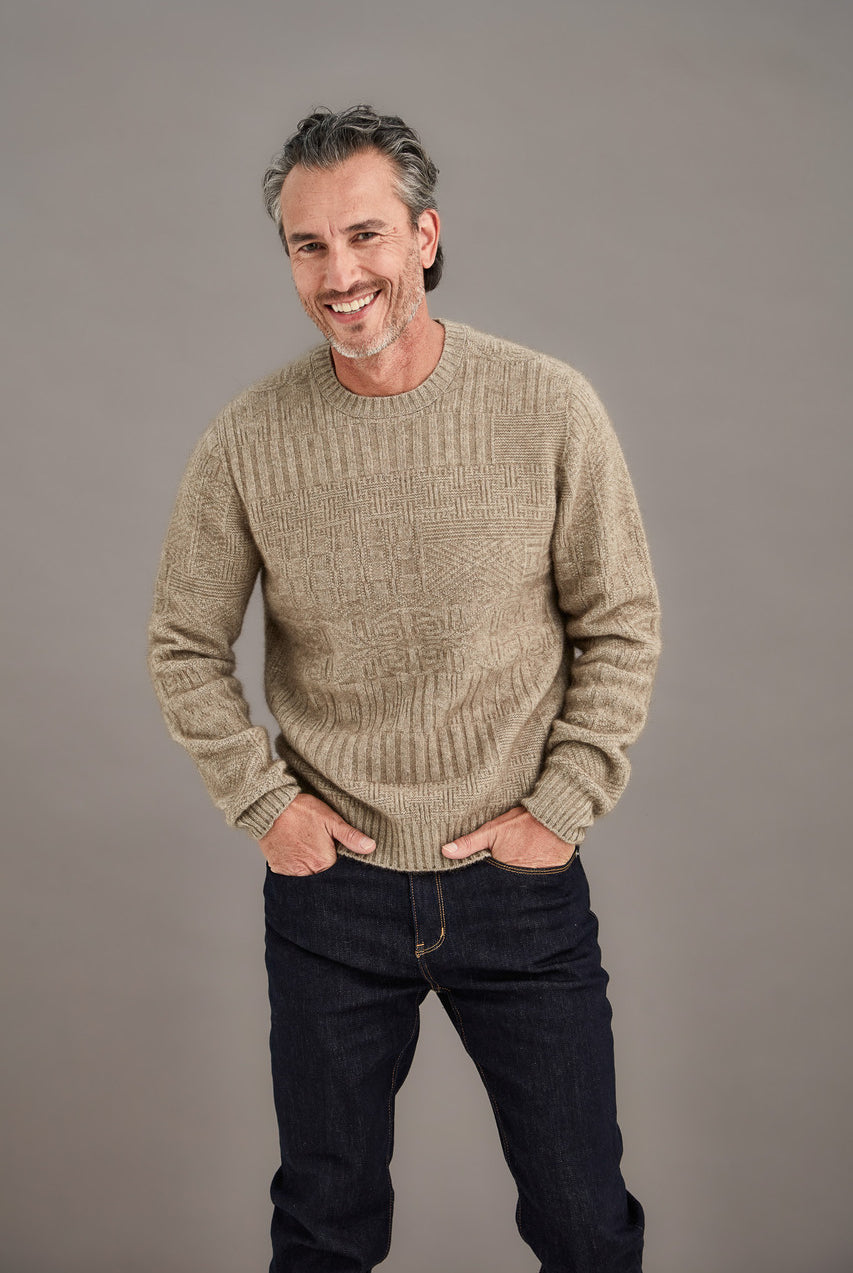 Man wearing McDonald - Merino & Possum Patchwork Sweater (6641) in the colour Mocha