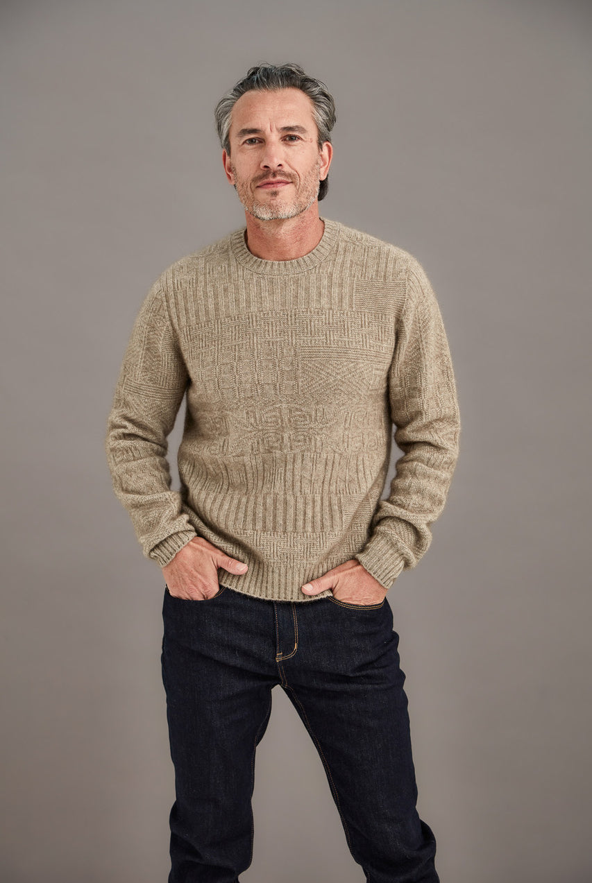 Man wearing McDonald - Merino & Possum Patchwork Sweater (6641) in the colour Mocha
