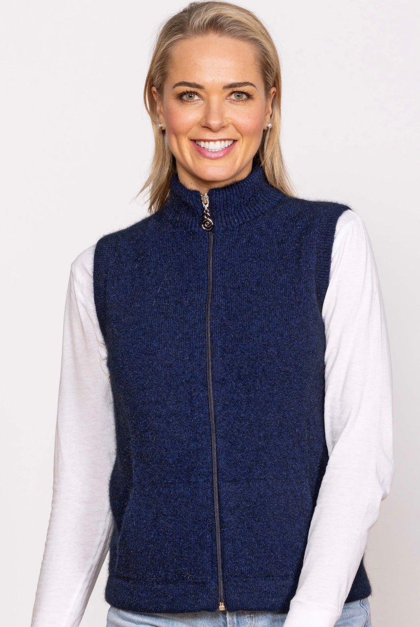 Woman wearing Noble Wilde - Merino & Possum Gilet Zip Vest (NW3101) in the colour Maritime.