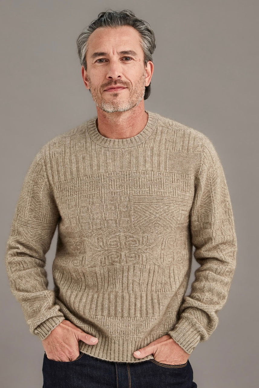 Man wearing McDonald - Merino & Possum Patchwork Sweater (6641) in the colour Mocha