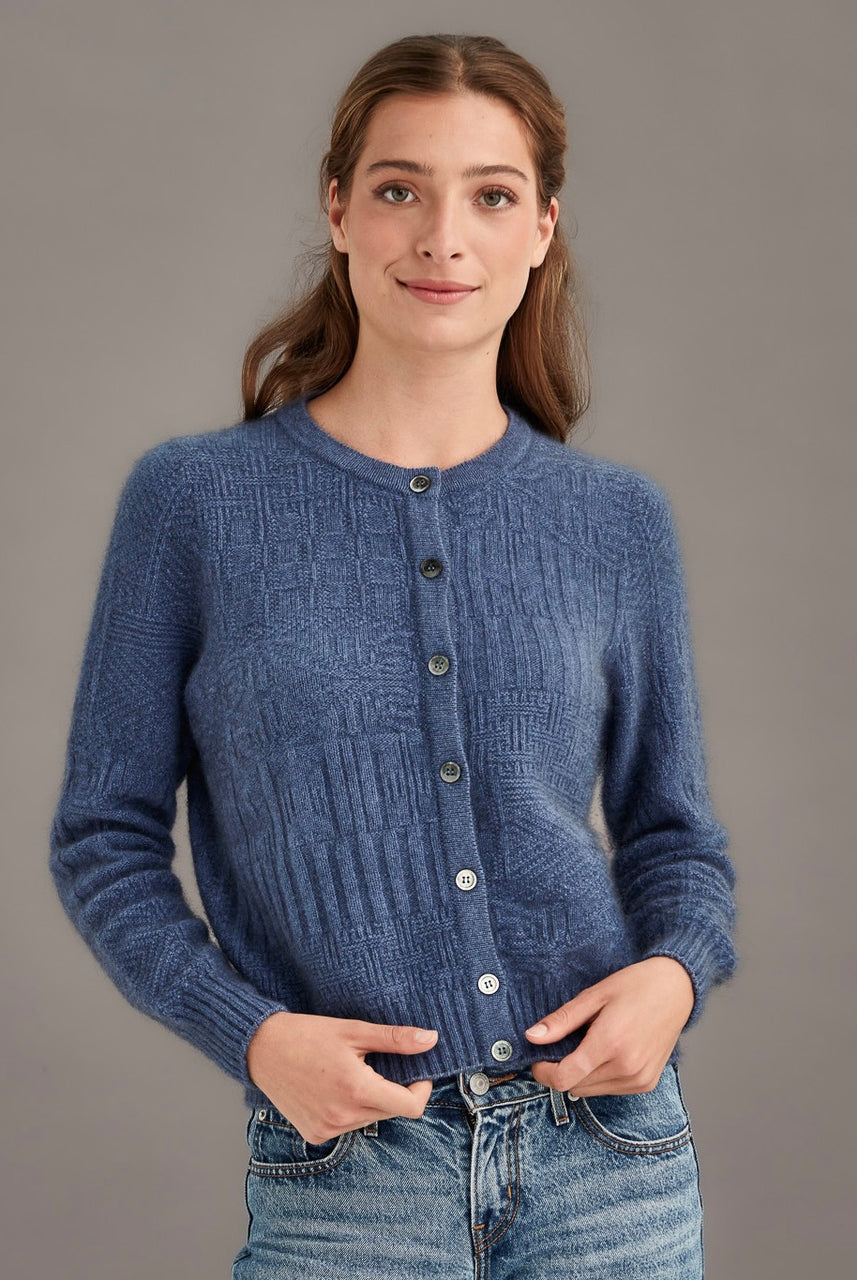 Woman wearing McDonald - Merino & Possum Patchwork Cardigan (5062) in the colour Orchid.