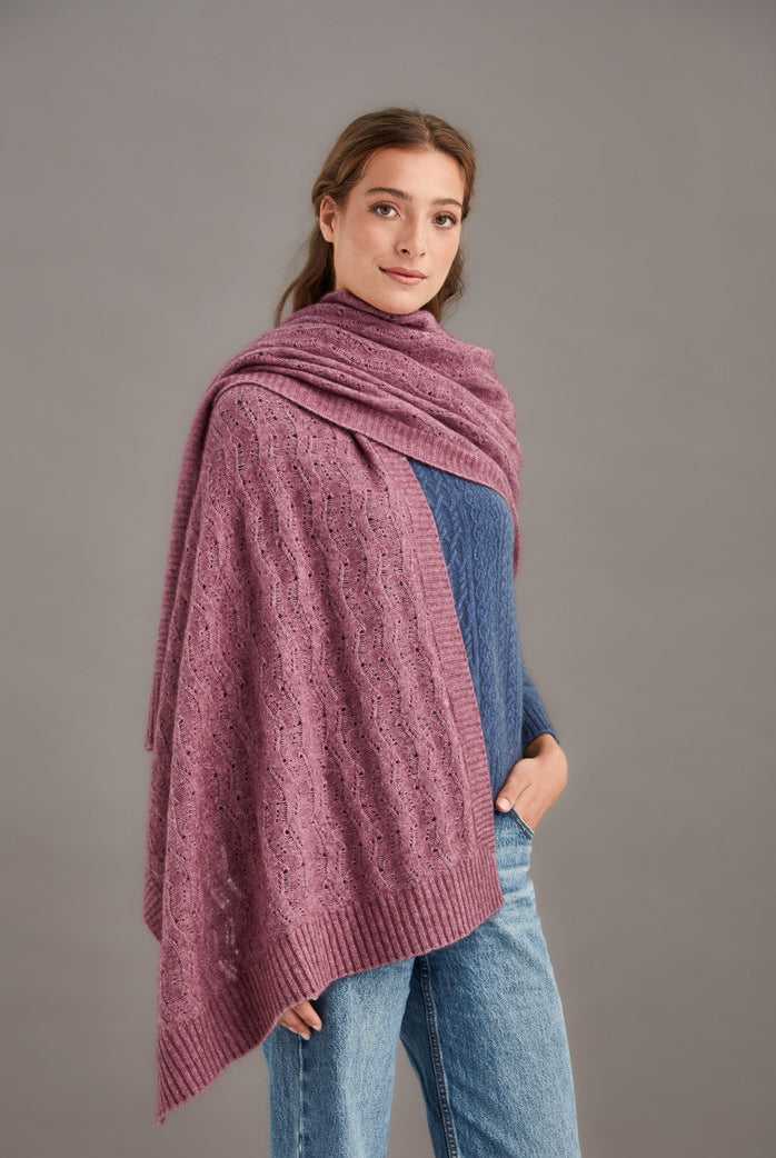 Woman wearing McDonald - Merino & Possum Herringbone Lace Shawl (5060) in the colour Heather.