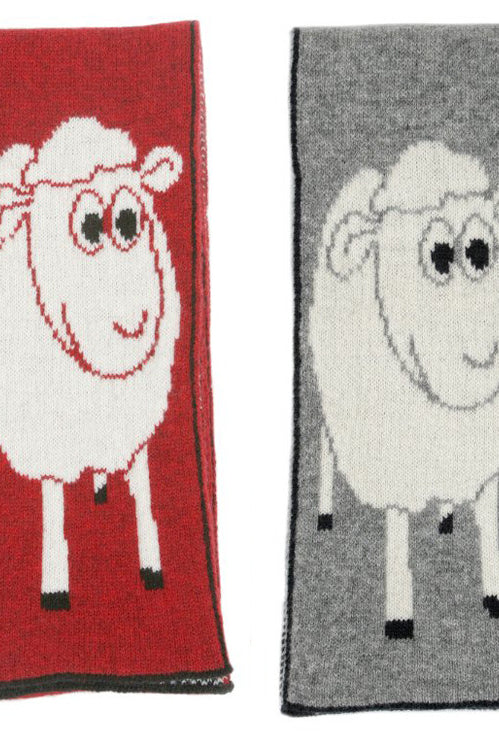 Red and grey scarf with sheep detail.