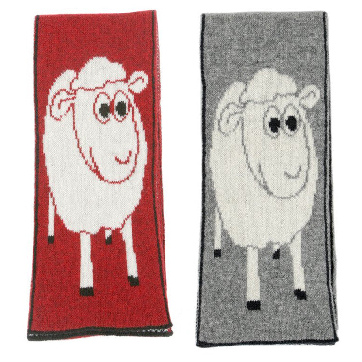 Red and grey scarf with sheep detail.
