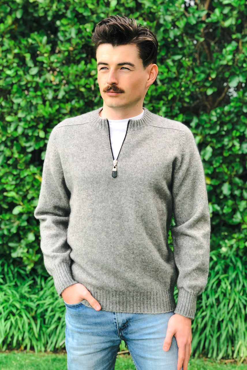 Lothlorian - Merino & Possum Men's Crew Neck 1/4 Zip Jumper (9813) Silver