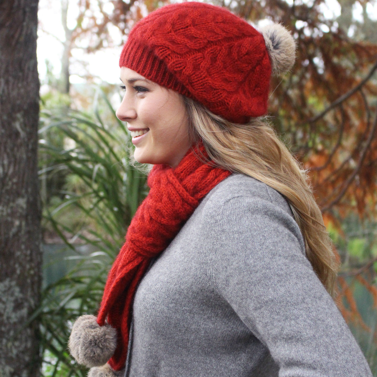 Side view of Pumpkin colour scarf and beanie