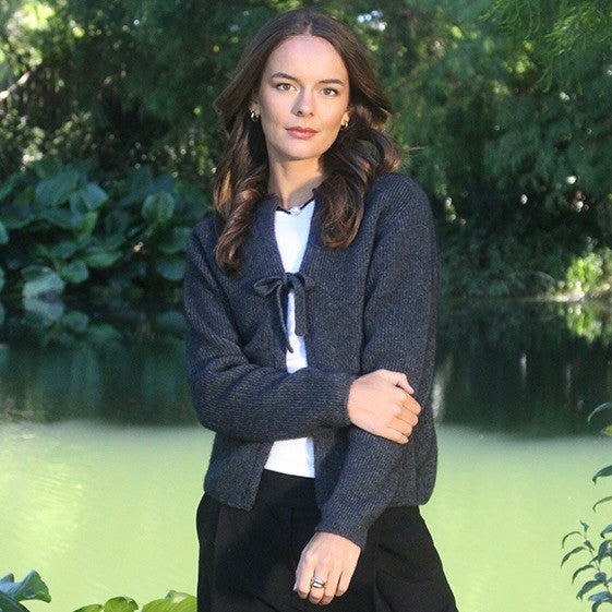 Woman wearing the Lothlorian - Merino & Possum Fuse Tie Jacket (9972) in the colour Charcoal.