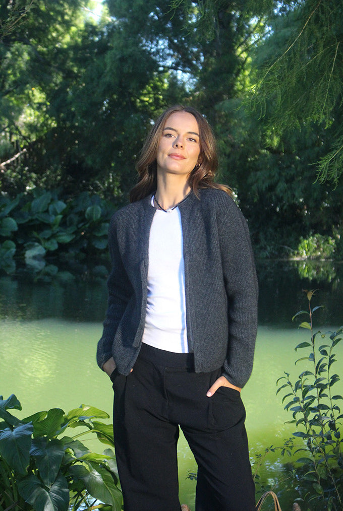 Woman wearing the Lothlorian - Merino & Possum Fuse Tie Jacket (9972) in the colour Charcoal.