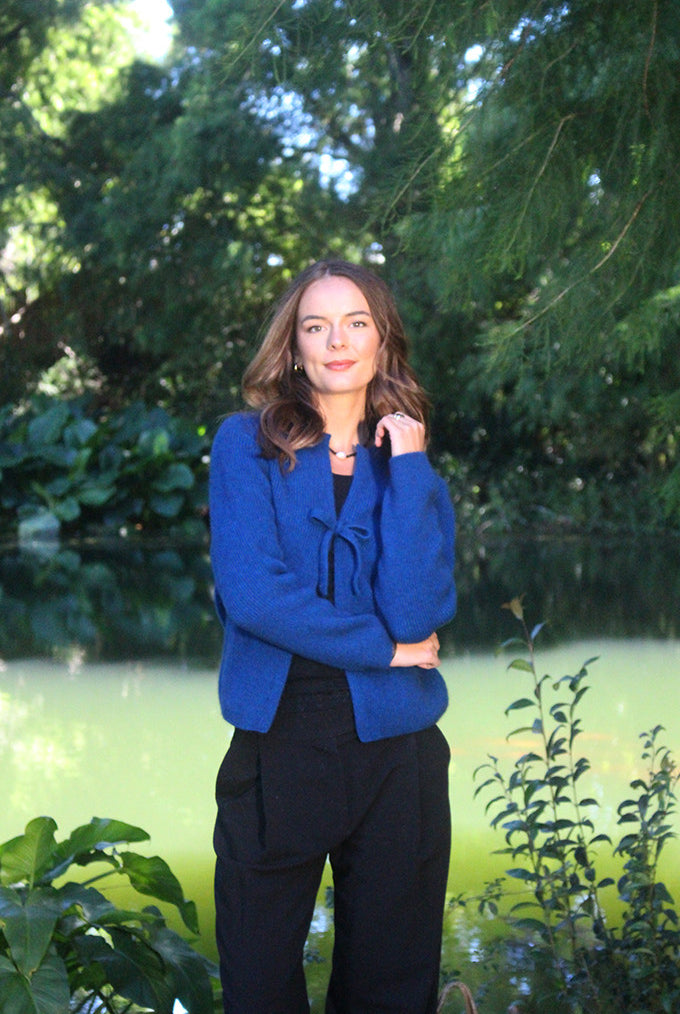 Woman wearing the Lothlorian - Merino & Possum Fuse Tie Jacket (9972) in the colour Lagoon.