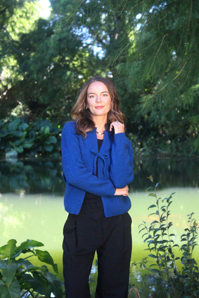 Woman wearing the Lothlorian - Merino & Possum Fuse Tie Jacket (9972) in the colour Lagoon.