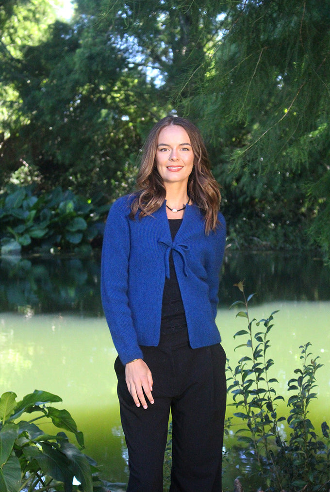 Woman wearing the Lothlorian - Merino & Possum Fuse Tie Jacket (9972) in the colour Lagoon.