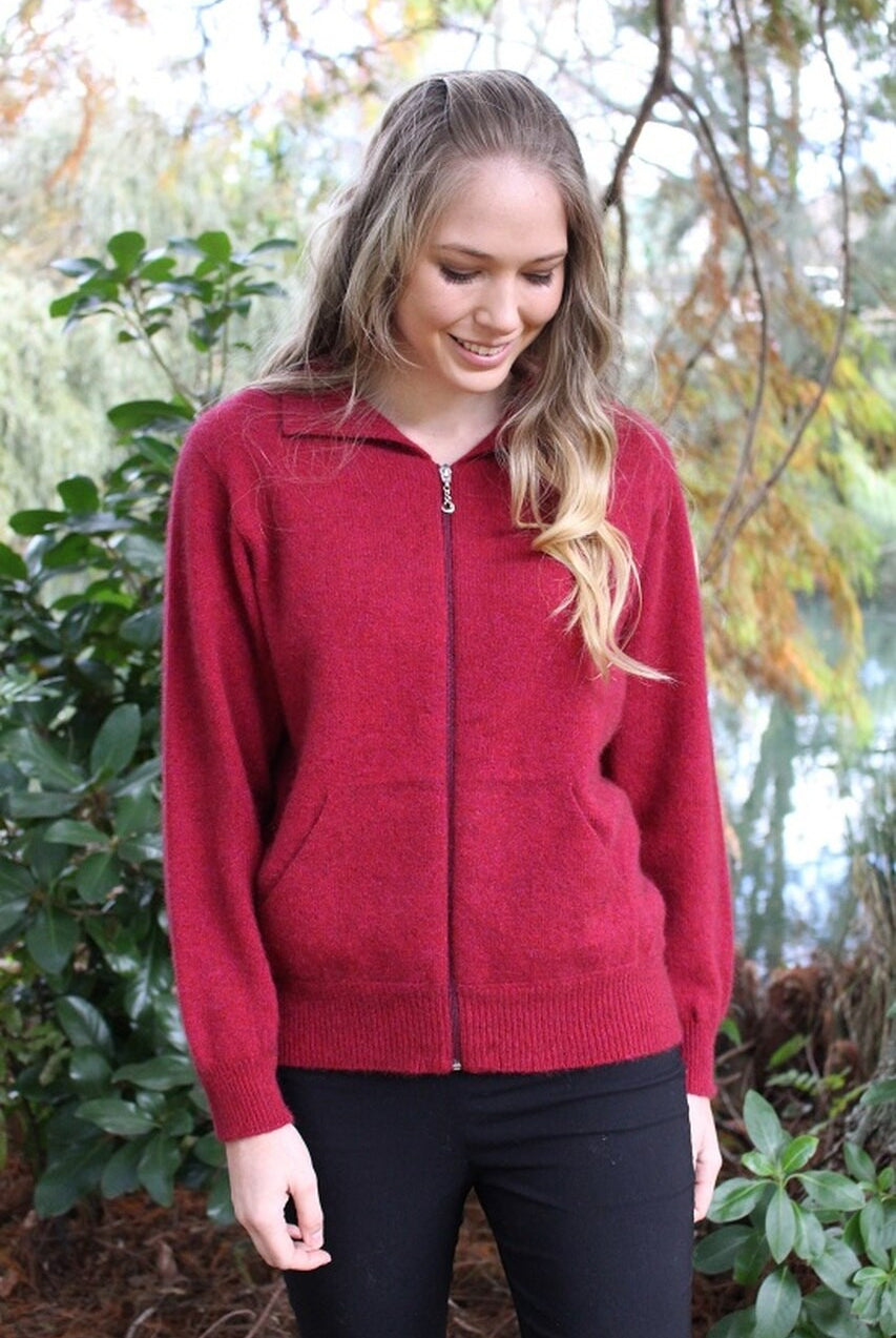 Raspberry colour plain zip cardigan