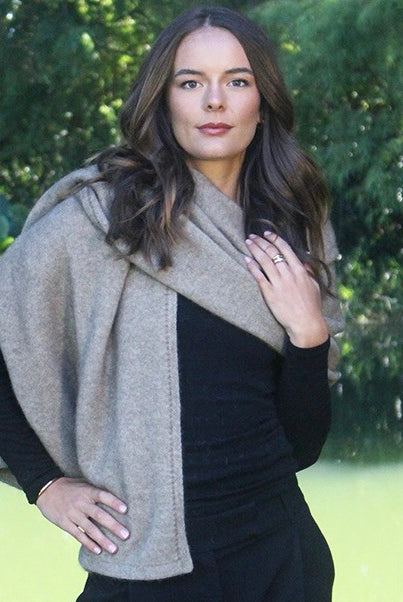 Woman wearing Lothlorian - Merino & Possum Brando Wrap (9993) in the colour Natural.