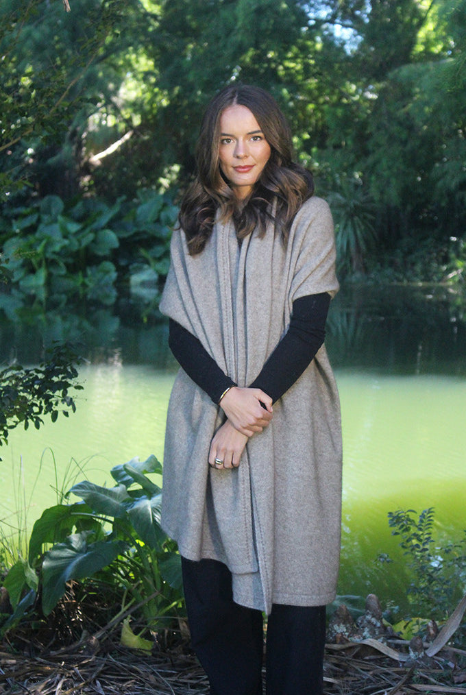 Woman wearing Lothlorian - Merino & Possum Brando Wrap (9993) in the colour Natural.