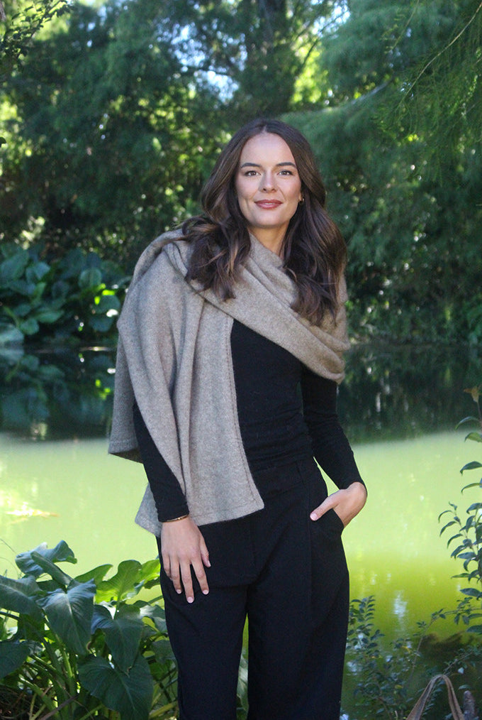 Woman wearing Lothlorian - Merino & Possum Brando Wrap (9993) in the colour Natural.