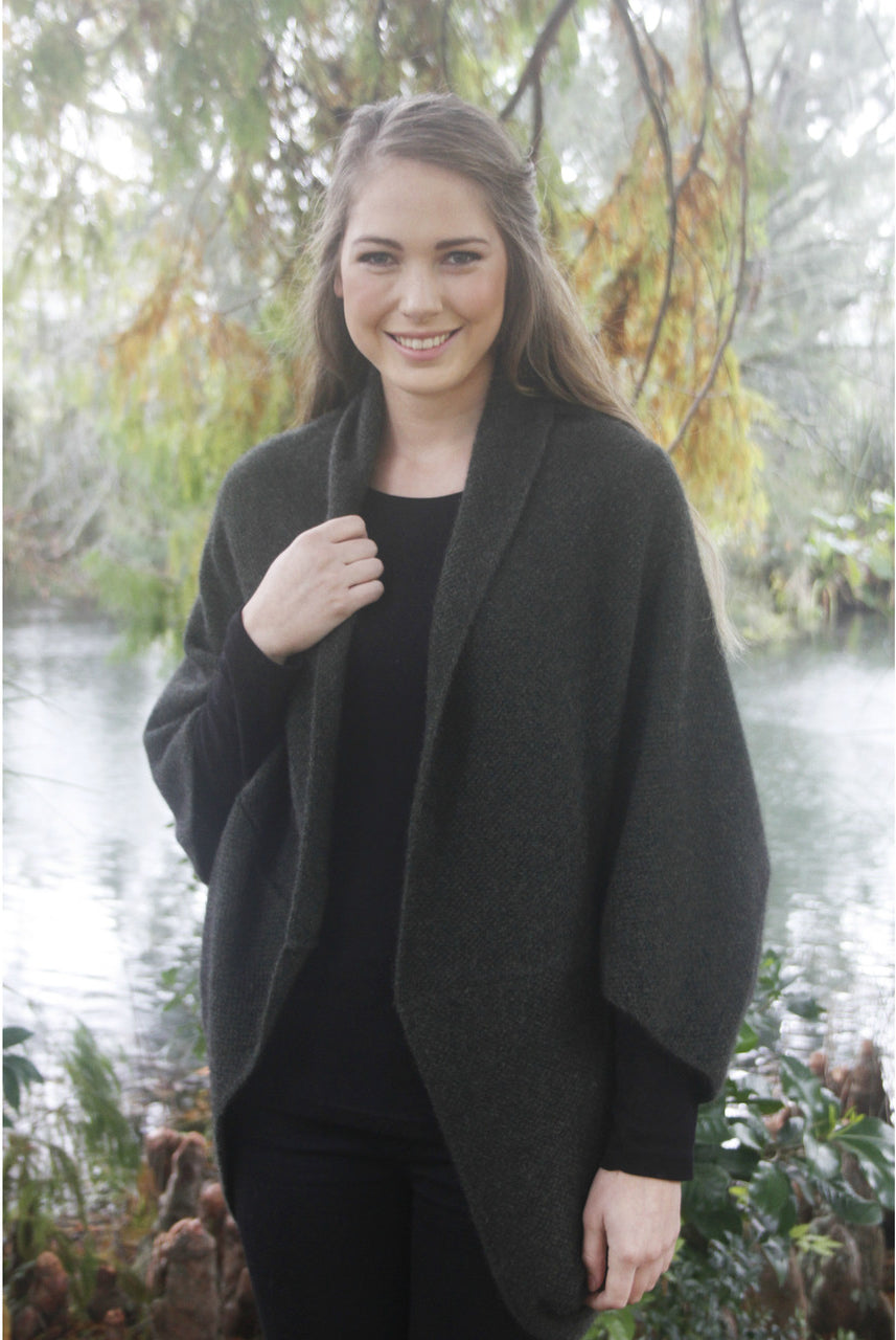 Lady wearing Charcoal coloured cape