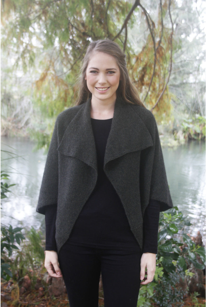 Lady wearing a Charcoal colour cape