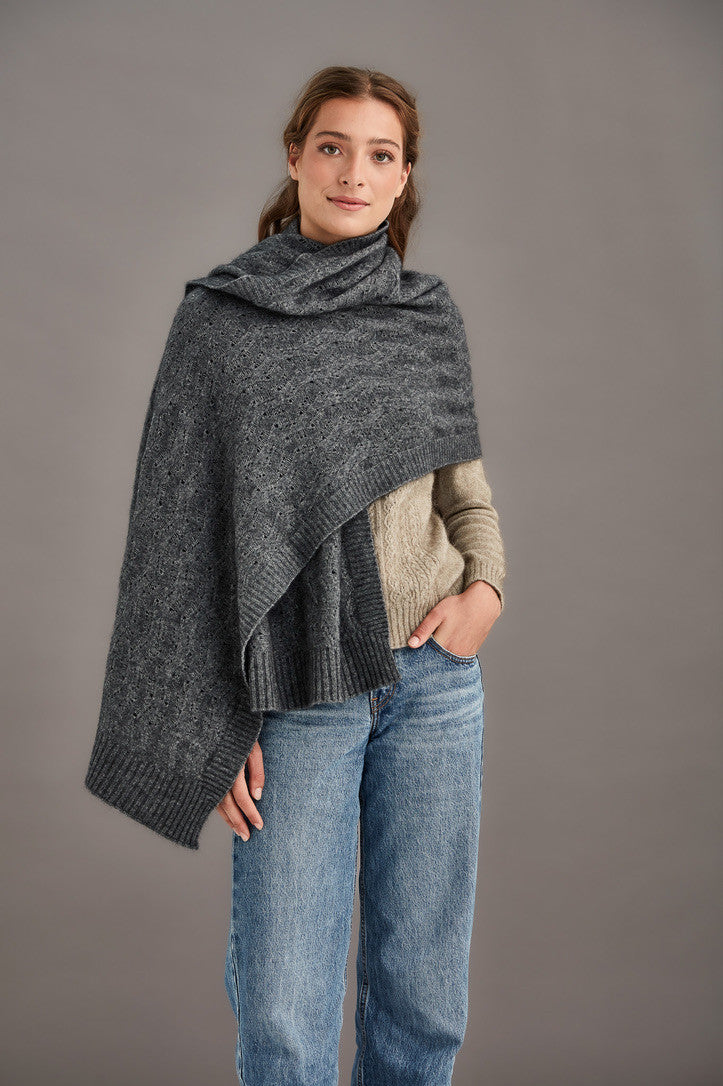 Woman wearing McDonald - Merino & Possum Herringbone Lace Shawl (5060) in the colour Pewter.